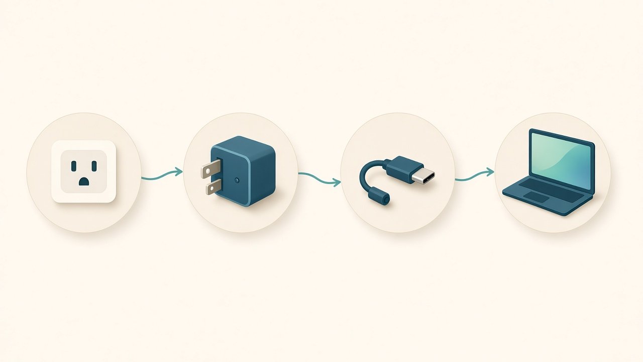 Diagram showing the path from wall outlet to charger to cable to Mac